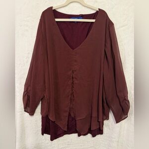 Apt 9 V Neck Tunic Top Blouse Womens XL Sheer Overlay Flowy Burgundy Boho Draped